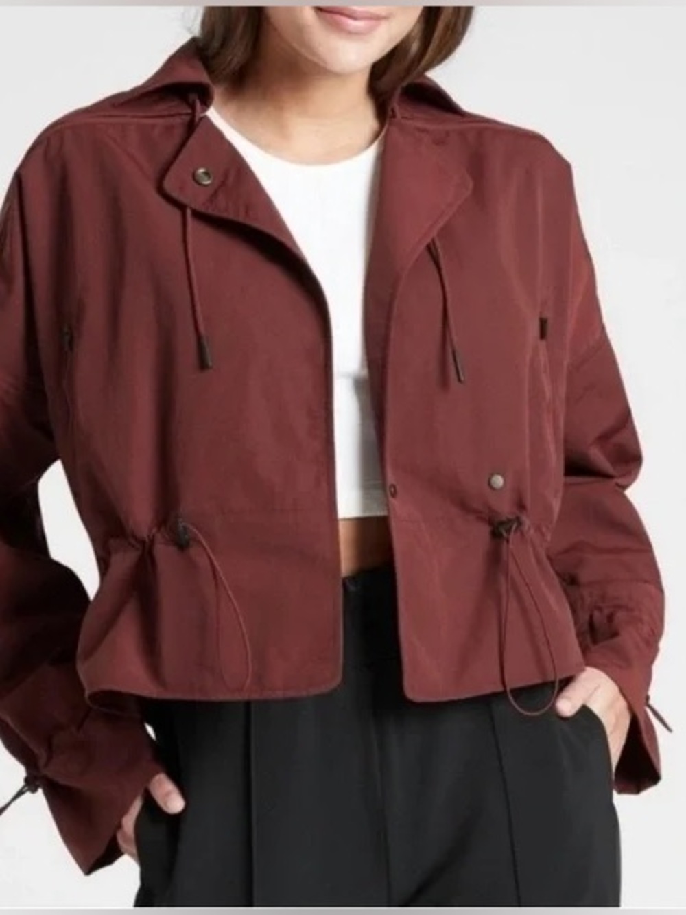 Athleta Arcadia bomber Cinchable windbreaker rain jacket maroon burgundy medium